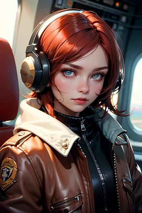 Young woman, Airplane pilot, retro futuristic, pilot's helmet and oxygen mask ,  wearing a brown aviator leather jacket with zipper, serious eyes,  looking at the camera ,  intense red hair,  Brown Eyes,  seductive smile,  composition epic character,  natu...