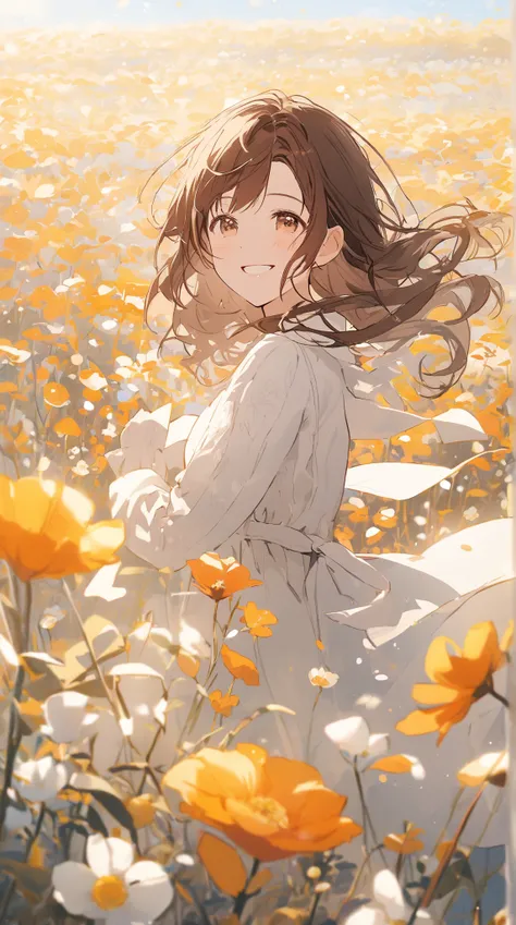  Clear Days 、 Flower Field 、Brown hair swaying in the cold、smile　1 person　 beautiful woman　 highest quality