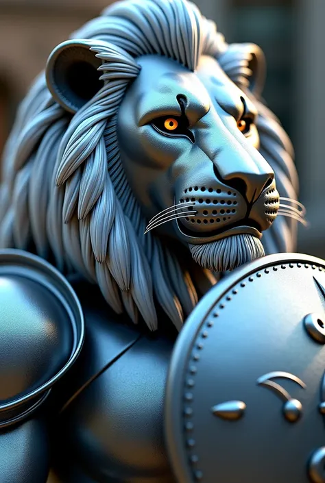 a close up of a lion with a shield and sword, a digital rendering by Adam Marczyński, behance contest winner, fine art, protection, protect, to protect us, robot lion, lion warrior, armored, protective, peugeot prestige, car vs knight, blue and ice silver ...