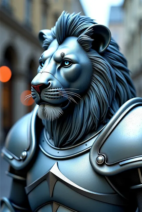 a close up of a lion with a shield and sword, a digital rendering by Adam Marczyński, behance contest winner, fine art, protection, protect, to protect us, robot lion, lion warrior, armored, protective, peugeot prestige, car vs knight, blue and ice silver ...