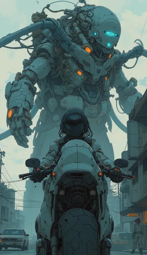  close-up of a person riding a motorcycle with a mirror, giant anime Mecha, anime Mecha aesthetic, modern Mecha anime,  GAINAX anime style , cool Mecha style, # Mecha, Mecha asthetic, Organic to the anime robot , an anime large Mecha robot, Mecha anime, :1...