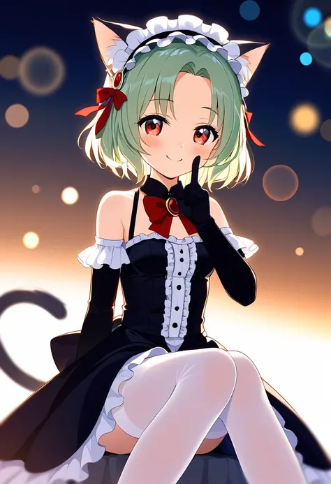 AG Meko , Alone,  green cat ears, fringe,  bare shoulders , blush, link, tail de gato verde, Double, black elbow gloves,  eyebrows visible through the hair ,  light green hair ,  various toons ,  hair ornament,  capable, , collant branco,  looking at the s...