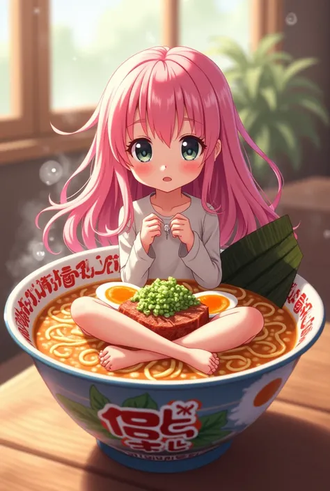 I would like an anime girl with pink hair
 Inside a Maruchan de Baso