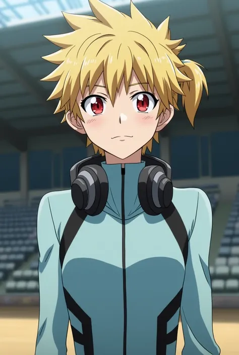  Screenshot of My Hero Academia 
A boy with blond hair and with a ponytail on one side, The woman has red eyes,  He has a shy and calm expression at the same time . He wears a slightly tight light blue suit with black lines on the sides.,  the sleeves of t...