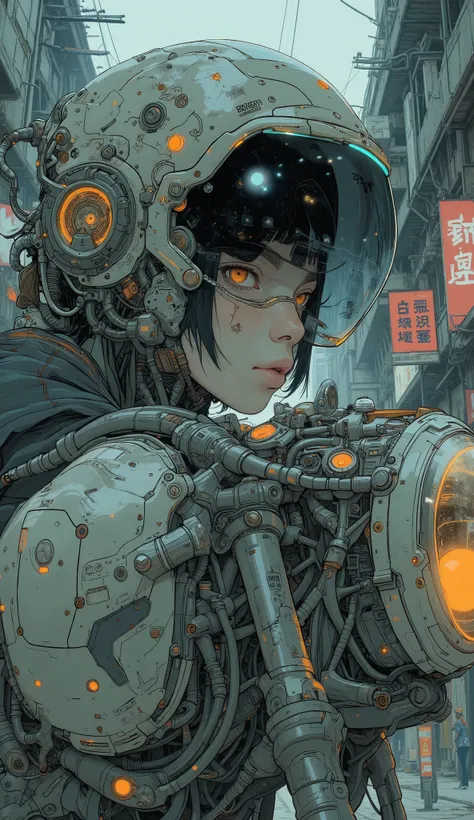  close-up of a person riding a motorcycle with a mirror,  concept art inspired by Krenz Cushart, Pixiv,  self destructive art, giant anime Mecha, anime Mecha aesthetic, modern Mecha anime,  GAINAX anime style , cool Mecha style, # Mecha, Mecha asthetic, Or...