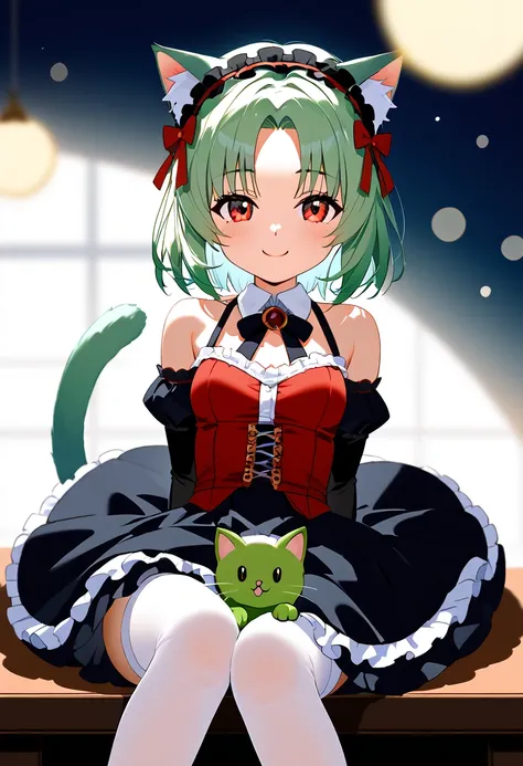 AG Meko , Alone, ((( green cat ears))), fringe,  bare shoulders , blush, link, ((tail de gato verde)), Double, black elbow gloves,  eyebrows visible through the hair ,  light green hair ,  various toons ,  hair ornament,  capable, , collant branco,  lookin...