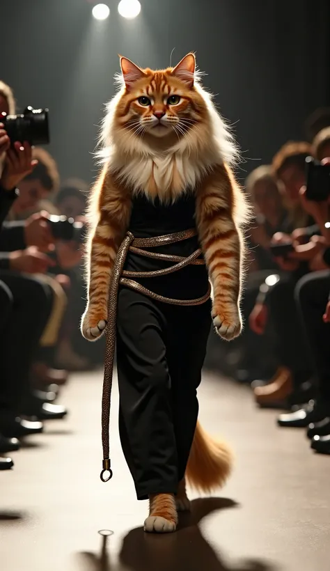 A cat of a noble breed, such as the Persian or the Maine Coon, gracefully parades down a comfortable fashion catwalk, surrounded by paparazzi. She wears a long basic black dress, tight to the body with a gold metallic snake wrapped around her, the piece is...