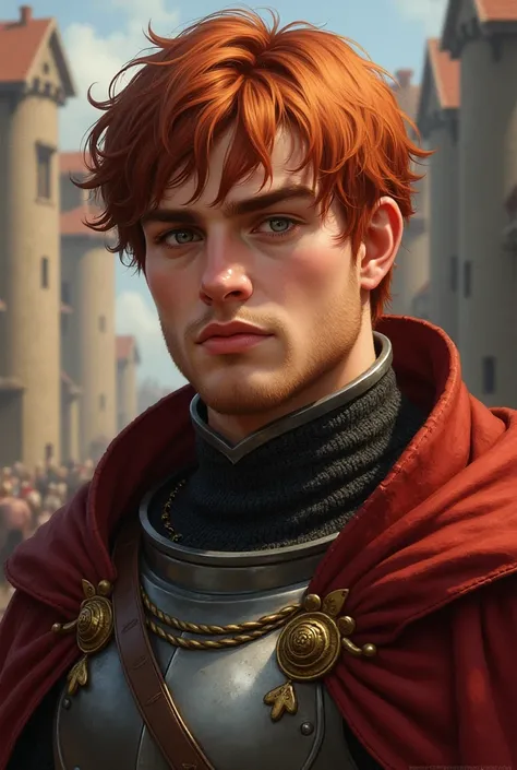 Richard the medieval knight 22 years old .1,73 tall.  Lightly reddish hair ,  impulsive .  penetrating look.  light eyes .  expression would be  .  chubby cheek  