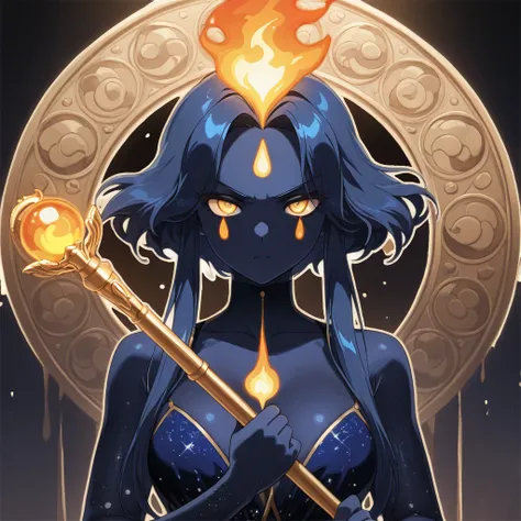 Female silhouette dark blue skin with white dots like stars on the skin, transparent skin reflecting the universe, ghostly, astral body, like a ghost, head forming a golden astral flame, like hair, serious golden eyes, astral body, ethereal shape, wise app...