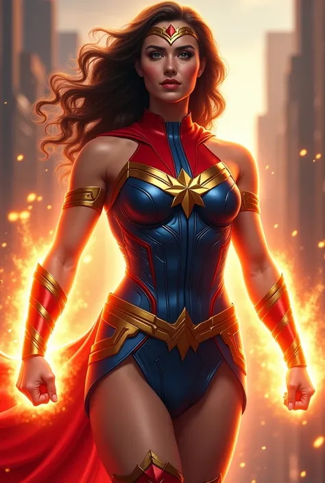 A character fusion between Wonder Woman and Captain Marvel. She has the colors of Captain Marvel, but outfit resembles closer to Wonder Woman. She's also glowing with her powers like the film "Captain Marvel."