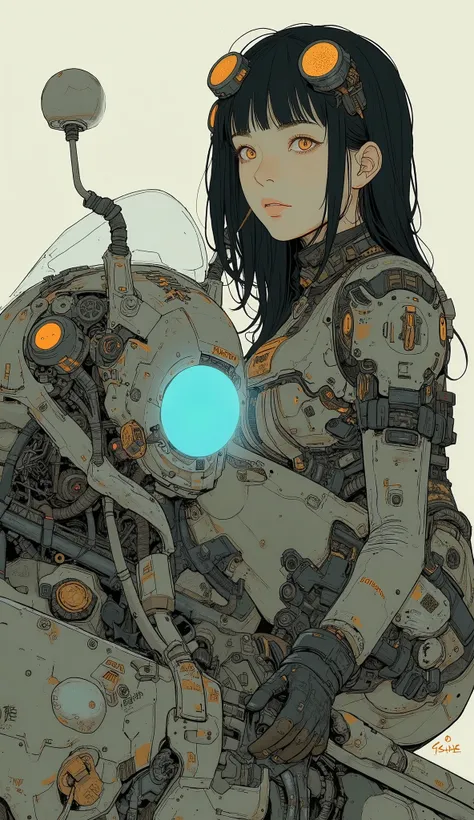 Close up of a woman sitting on a motorbike with a robot on it, inspired Masamune Shirow, Organic to the anime robot , Shiro Masamune style , Masamune Shirow, Female Mecha,  Mechanized Valkyrie Girl,  Cool Mecha Style , Masamune Shirow,  animation art vehic...