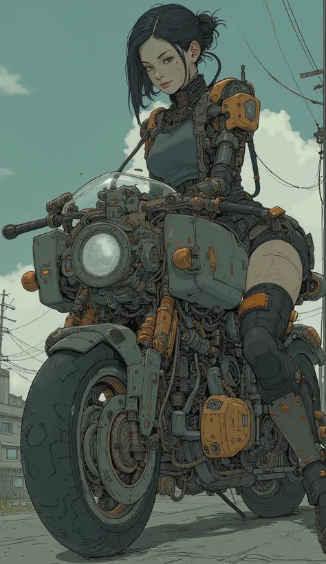 Close up of a woman sitting on a motorbike with a robot on it, Masamune Shirowにインスパイアされたサイバーパンクアート,  PIXIV CONTEST WINNERS,  retrofuturism , Organic to the anime robot , Shiro Masamune style , Female Mecha,  Mechanized Valkyrie Girl,  Cool Mecha Style , Ma...