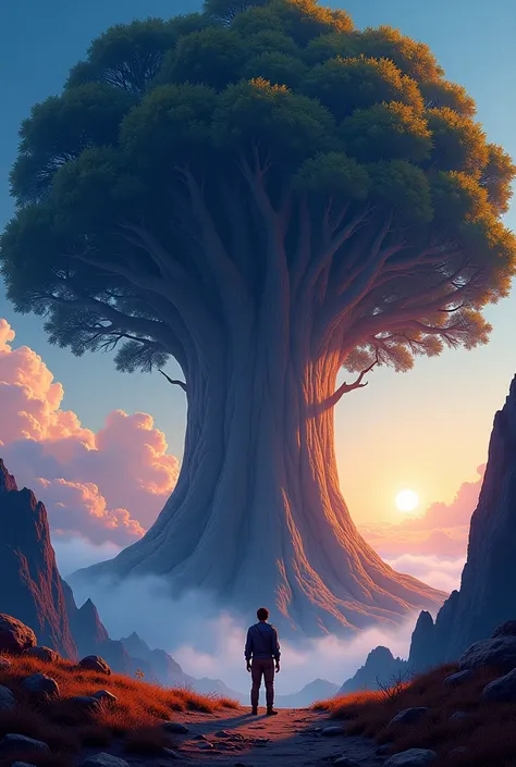 a painting of a man standing in front of a giant tree, concept art inspired by Dan Mumford, Artstation contest winner, space art, anton fadeev and dan mumford, in the style dan mumford artwork, dan mumford. concept art, fractal thunder dan mumford, dan mum...