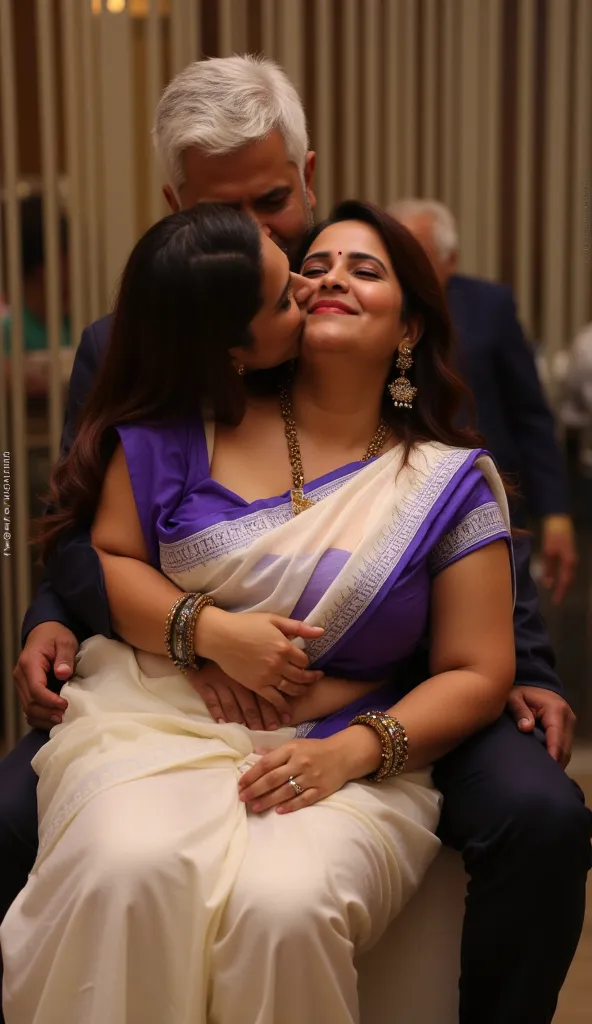 Side view Full body image, indian hourglass figured 23 year old medium plus sized married bride, very huge swooping breasts, wearing highly embroideried purple colour reflective glossy deep neck u cut blouse and white colour low waist body tight reflective...