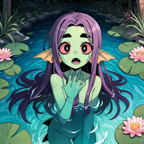 masterpiece, best quality, amazing quality, very aesthetic, high resolution, ultra-detailed, absurdres, newest, Anime screencap, highly detailed, high quality, hyper-Detailed, mistico_IL. BREAK. solo, 1girl, water, colored skin, long hair, lily pad, fins, ...