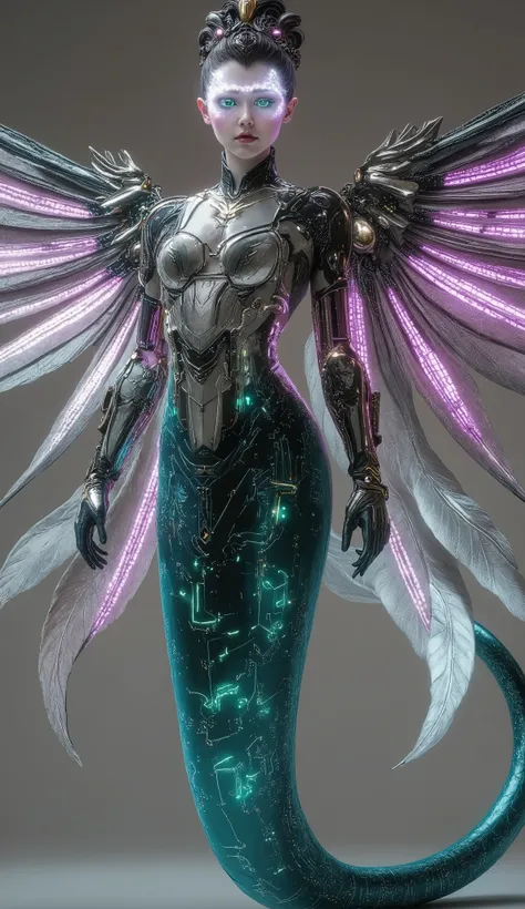 Create a massive, futuristic Serpent Woman, towering above a vast, quantum cyber city. Her upper body is human, but armored in sleek, advanced combat gear, featuring futuristic plating, glowing circuits, and neon accents, giving her the appearance of a hig...