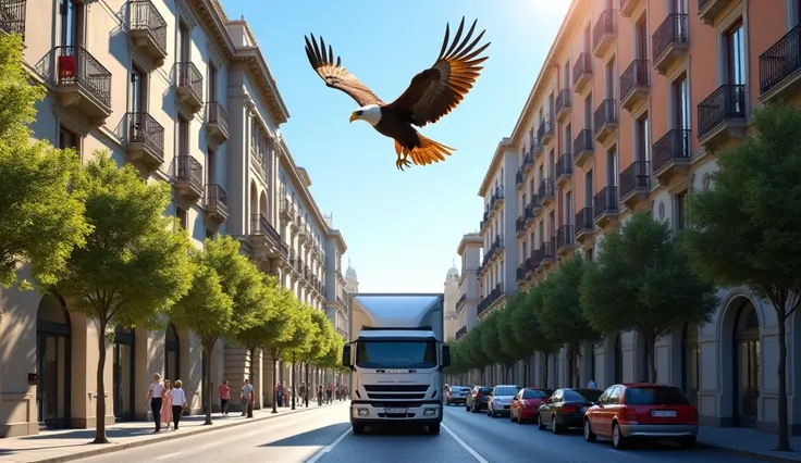 "A hyper-realistic street scene of Gran Via in Madrid, Spain, captured during a sunny day. The street is lined with iconic European-style buildings featuring detailed balconies and classic Spanish architecture. Parked cars are visible along both sides of t...