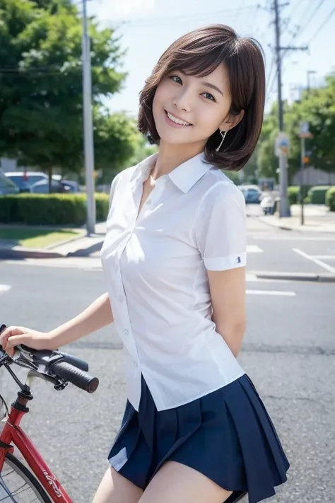 (sit on a bicycle saddle、Japanese high school girl waiting at a traffic light)、 short sleeve white shirt showing tiny panties、 A person is behind the wheel 、You can see the bra through the short cuffs 、 lattice pattern mini pleated skirt 、Dark brown bob ha...