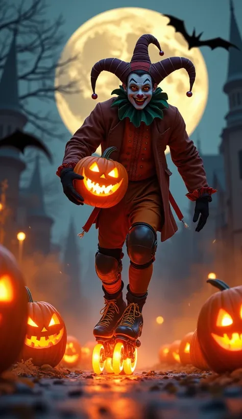 jester,  using inline skates with glowing luminous wheels, Pumpkin with candies in hand,  gloves and knee pads , Full Moon Church, pumpkins, realistic bats,  moving at speed in the city at night,  Orange smoke