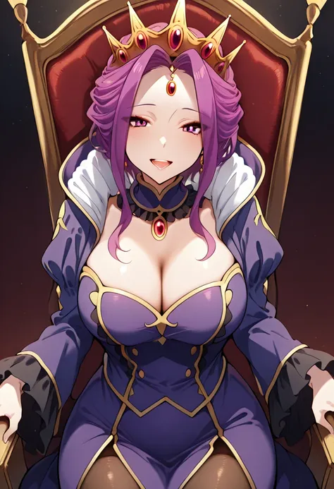 alone, mijer, queen Mirelia Q merlromarc, crown, queen's clothing outfit, purple hair, warm smile, friendly enigmatic look, fan, throne, big chest, long dress, perfect hips, feminine, dignified open mouth, teeth, giggle, beautiful, perfect tights, score 9,...