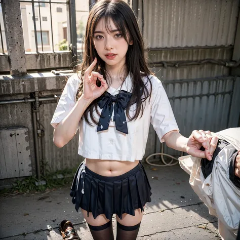 arafed asian woman in a skirt and a white shirt posing for a picture, japanese school uniform, japanese girl school uniform, wearing japanese school uniform, cute schoolgirl, jk uniform, beautiful anime high school girl, Wear loafers, Open belly button, Op...