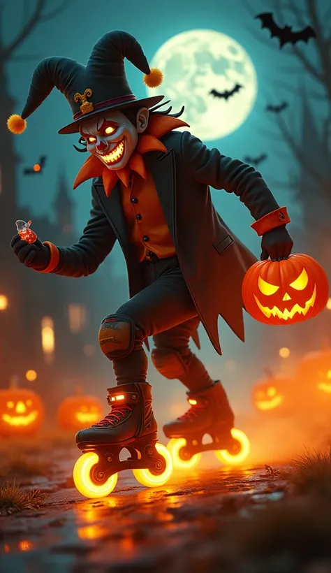 jester,  using inline skates with glowing luminous wheels, Pumpkin with candies in hand,  gloves and knee pads , Full Moon Church, pumpkins, realistic bats,  moving at speed in the city at night,  Orange smoke