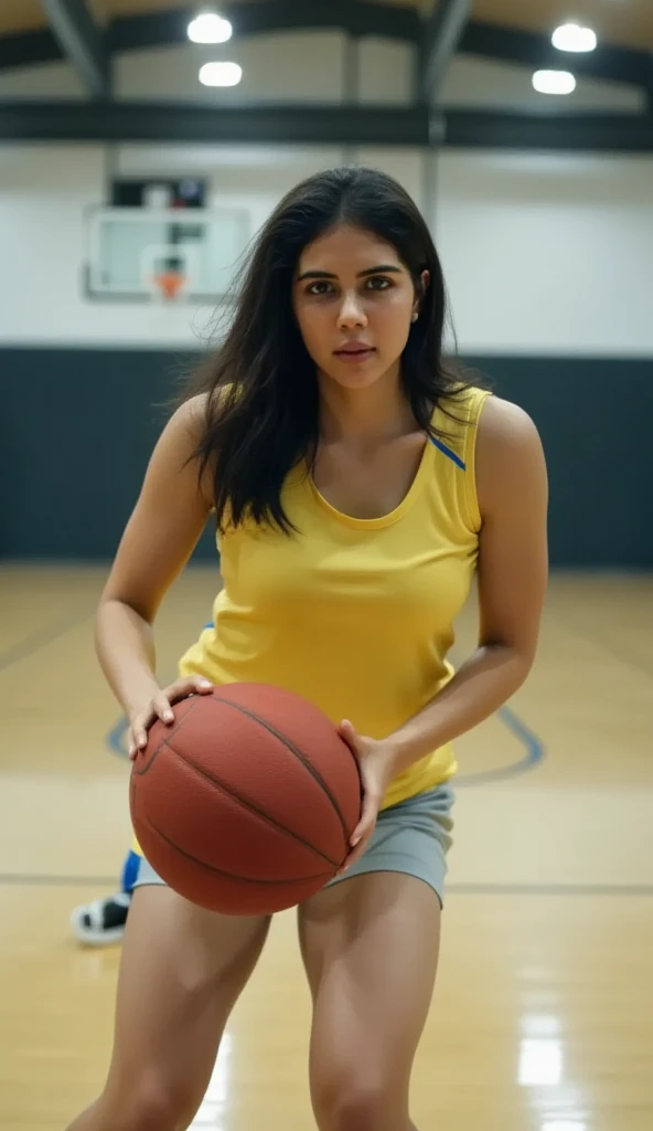 A woman wearing a sleeveless sports top and shorts, dribbling a basketball  from the front. The scene is set in an indoor basketball court with a dynamic and energetic atmosphere. High-quality photography, realistic lighting, detailed textures.