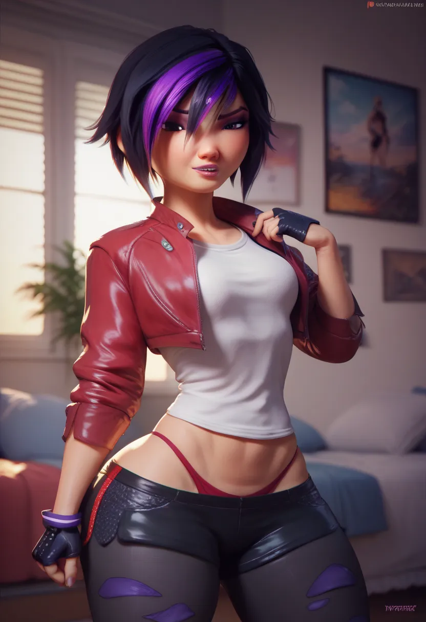  GoGo Tomago black hair white blouse short red jacket big boobs shaved abdomen thick thighs black pants glued to the thighs red floss panties inside the bedroom sexy thick thighs