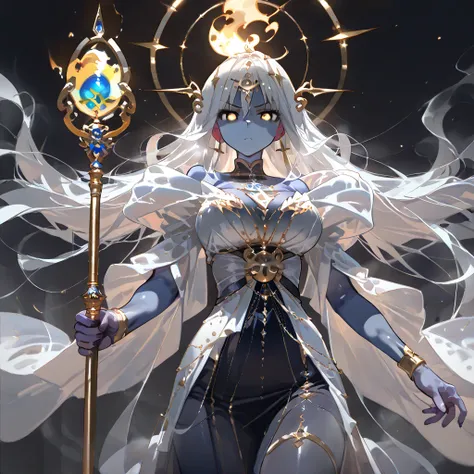 Female silhouette dark blue skin with white dots like stars on the skin, transparent skin reflecting the universe, ghostly, astral body, like a ghost, head forming a golden astral flame, like hair, serious golden eyes, astral body, ethereal shape, wise app...