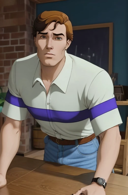 Peter Parker,  upper body, shirt con cuello, shirt a rayas,  short sleeves,  belt,  blue pants .               There is a man          (   College boy     ) 20 years,   rostro(very high),         with short hair and suit           , asistente hiper        ...