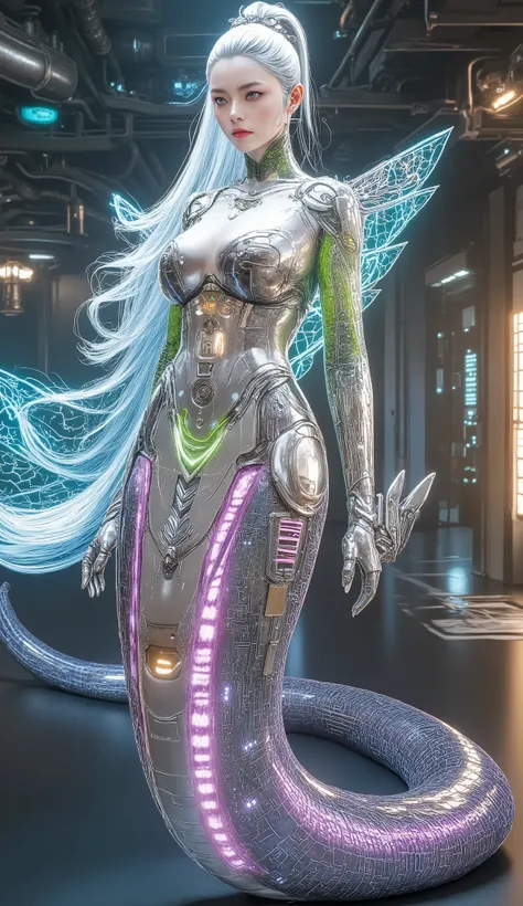 Create a massive, futuristic Serpent Woman, towering above a vast, quantum cyber city. Her upper body is human, but armored in sleek, advanced combat gear, featuring futuristic plating, glowing circuits, and neon accents, giving her the appearance of a hig...