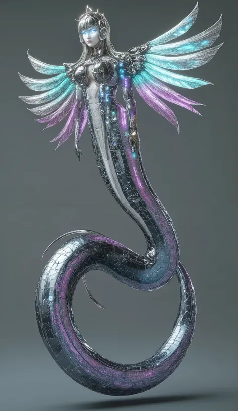 Create a massive, futuristic Serpent Woman, towering above a vast, quantum cyber city. Her upper body is human, but armored in sleek, advanced combat gear, featuring futuristic plating, glowing circuits, and neon accents, giving her the appearance of a hig...