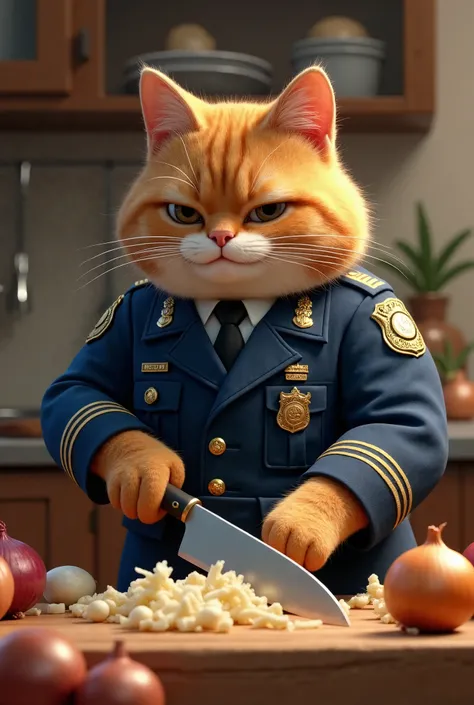 Father Cat (Drssed Police Uniform) cuts onions