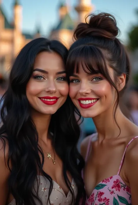 An aesthetic image of two best friends (a gorgeous woman with long black hair and blue eyes,with dark make-up and red lipstick) and (a breathtaking woman with brown updo hairstyle with bangs and blue/green eyes) at Disneyland smiling