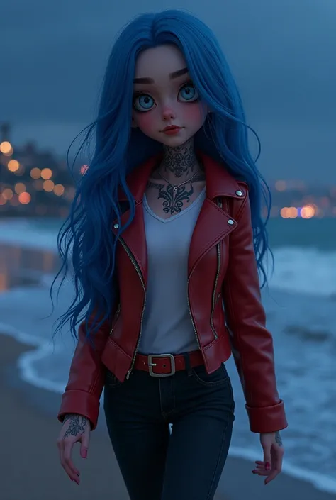 Create a Pixar character, goth girl, beautiful long blue hair with lenses, tattoos all over her body, wearing a red leather jacket, black denim pants, sneakers with a white t-shirt that says dark elegance while walking along the beach at night.