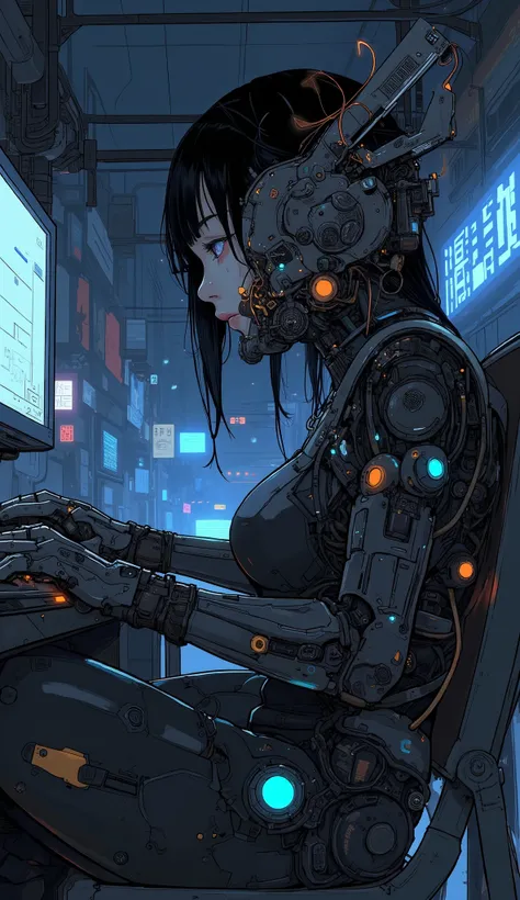  close-up of a person sitting on a chair and using a computer,  cyberpunk art inspired by Shirou Masamune, Pixiv, Computer Art, Full-body robot!!  girl, cyberpunk anime  girl mech,  Perfect Anime Cyborg Woman  , cyborg -  girl,  anime manga robot !! anime ...