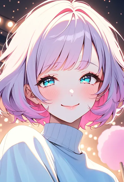 Masterpiece, highres, best quality, solo, 1 male, short hair, pink cotton candy hair, blue eyes, white turtle neck shirt, smile brightly, pastels, candy aesthetic, blushing cheeks, pretty lighting