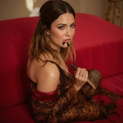 best quality, highres, 8k, masterpiece, photography, detailed midbody photorealistic portrait. Mandy Moore reclines on a luxurious red velvet chaise lounge, her long brunette waves spilling over the plush cushions. She wears a ruby-red satin and lace busti...