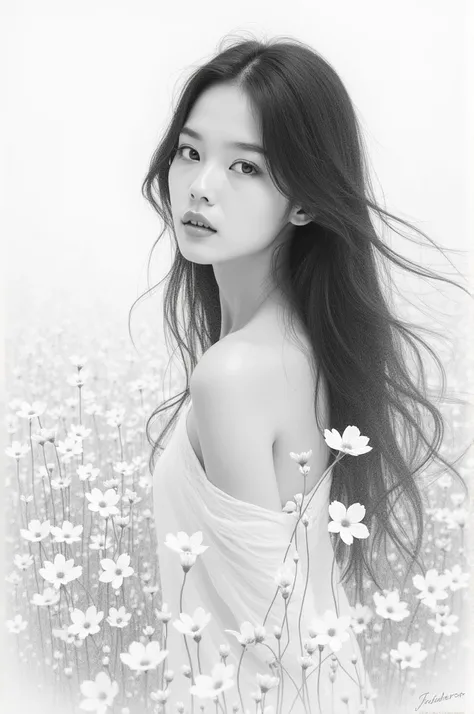 長い髪の韓国人女性Pencil sketch of  ,  in a white field of flowers. bust,  delicate face,  big eyes, High nose bridge, Soft light,  delicate texture details ,  delicate line drawing in light color style ,  Pencil sketch of .