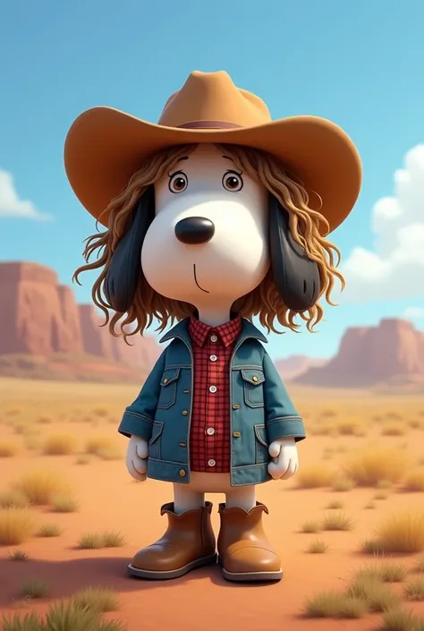 Snoopy disguised as a cowgirl with frizzy hair 