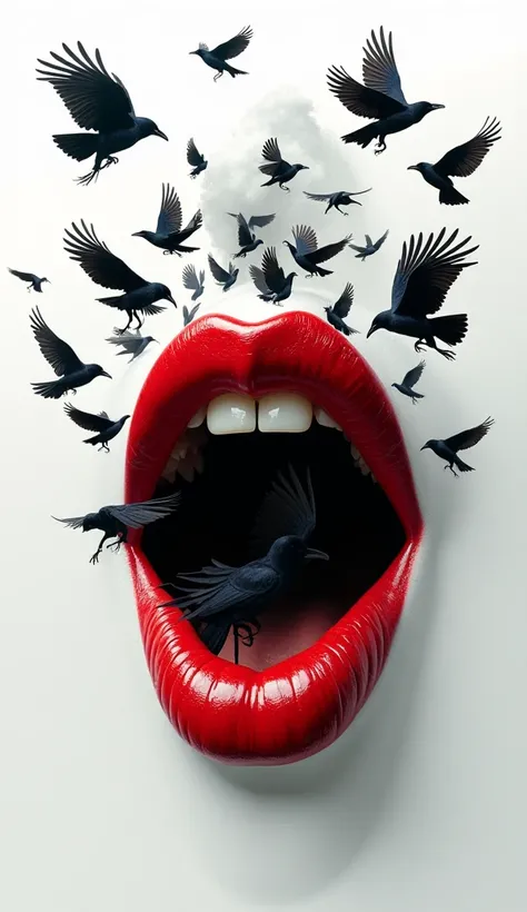 Surrealism red lips all over the picture crows are flying from the mouth on a white background 