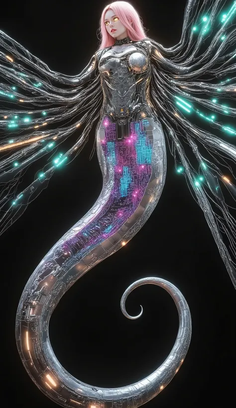 Create a massive, futuristic Serpent Woman, towering above a vast, quantum cyber city. Her upper body is human, but armored in sleek, advanced combat gear, featuring futuristic plating, glowing circuits, and neon accents, giving her the appearance of a hig...