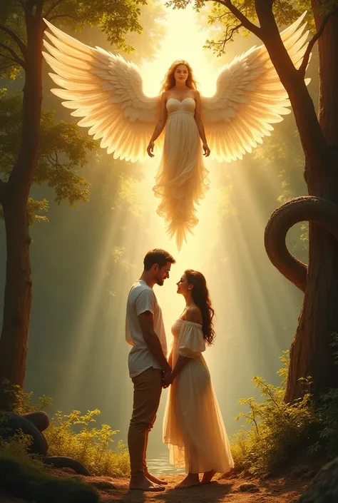 A divine angel, depicted as a radiant and beautiful woman with majestic wings, hovers high in the background, blessing the couple below with celestial grace.
 The man and woman, slightly smaller in scale, stand together, gazing at each other with affection...