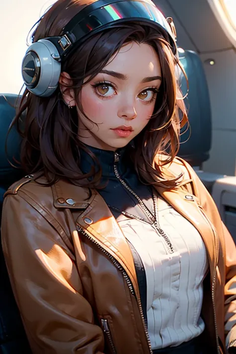 Young woman, Airplane pilot, retro futuristic, pilot's helmet and oxygen mask ,  wearing a brown aviator leather jacket with zipper, serious eyes,  looking at the camera ,  deep red hair ,  Brown Eyes,  seductive smile,  composition epic character,  natura...