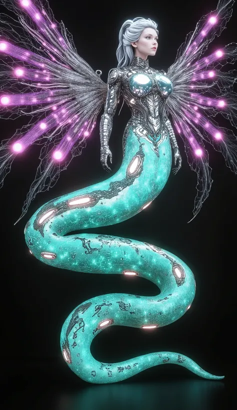 Create a massive, futuristic Serpent Woman, towering above a vast, quantum cyber city. Her upper body is human, but armored in sleek, advanced combat gear, featuring futuristic plating, glowing circuits, and neon accents, giving her the appearance of a hig...