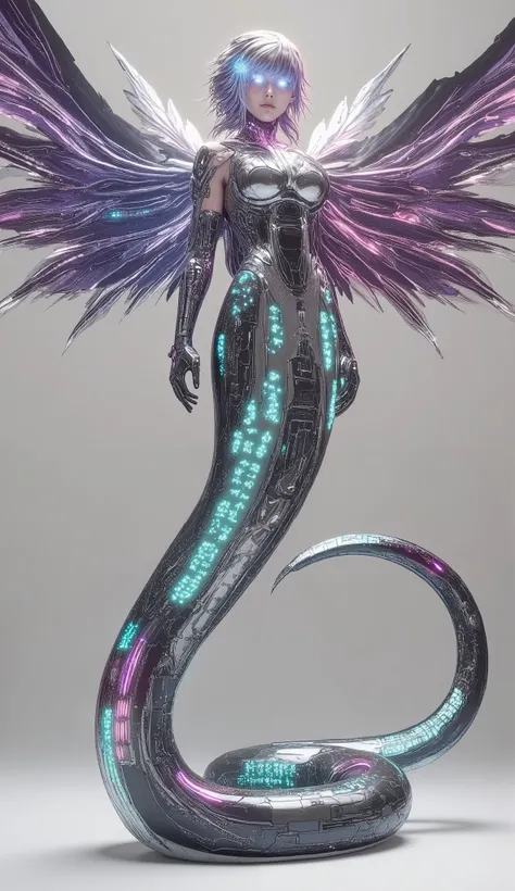 Create a massive, futuristic Serpent Woman, towering above a vast, quantum cyber city. Her upper body is human, but armored in sleek, advanced combat gear, featuring futuristic plating, glowing circuits, and neon accents, giving her the appearance of a hig...