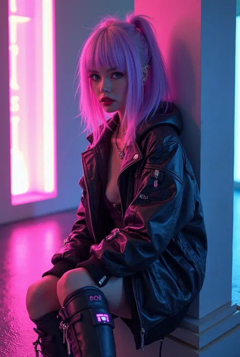 Una obra de arte con un personaje de anime femenino con cabello lila sentado en la parte superior de una pared. She is dressed in fashionable clothes, usar maquillaje intrincado y varios accesorios. This cyberpunk anime girl exudes a dreamy and beautiful c...