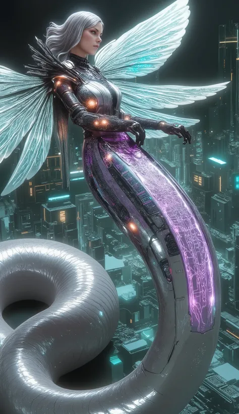 Create a massive, futuristic Serpent Woman, towering above a vast, quantum cyber city. Her upper body is human, but armored in sleek, advanced combat gear, featuring futuristic plating, glowing circuits, and neon accents, giving her the appearance of a hig...