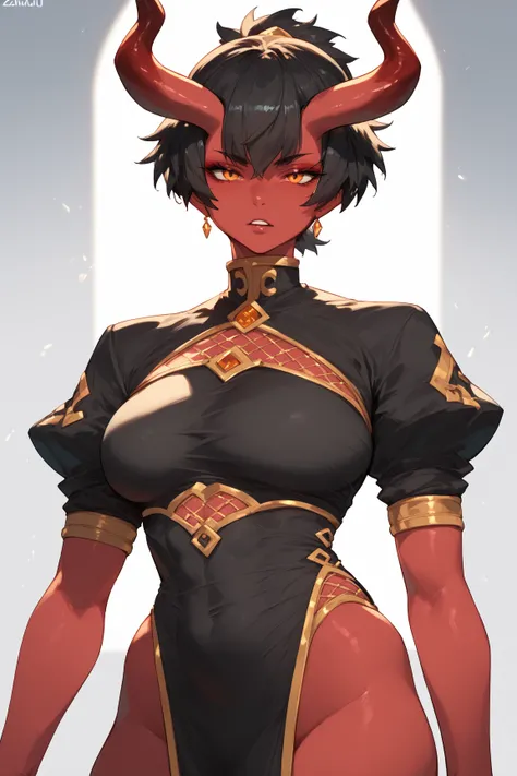 Woman, red skin, horns, queen's clothes, black clothes,zakusi,short hair, orange eyes, black hair ,Ponytail 