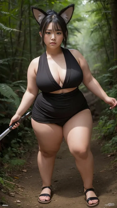 a chubby , overweight chubby girl NINJA, overweight body with WOLF ears and tail，thick arms and thighs, sandals，bob hair，holding a sword, fighting at forest with a torii，heavily tanned and dirty skin, tribal KIMONO , detailed facial features, dramatic ligh...